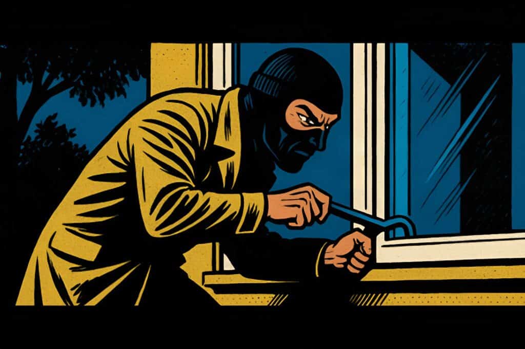 Illustrazione di un ladro che tenta di forzare una finestra blindata, simbolo di protezione e sicurezza avanzata