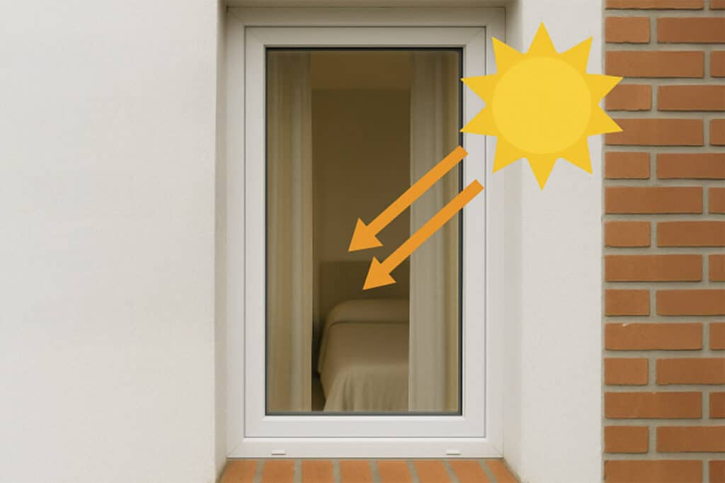 Finestra con infissi in PVC che riflettono il sole, simbolo di isolamento termico ed efficienza energetica per la casa