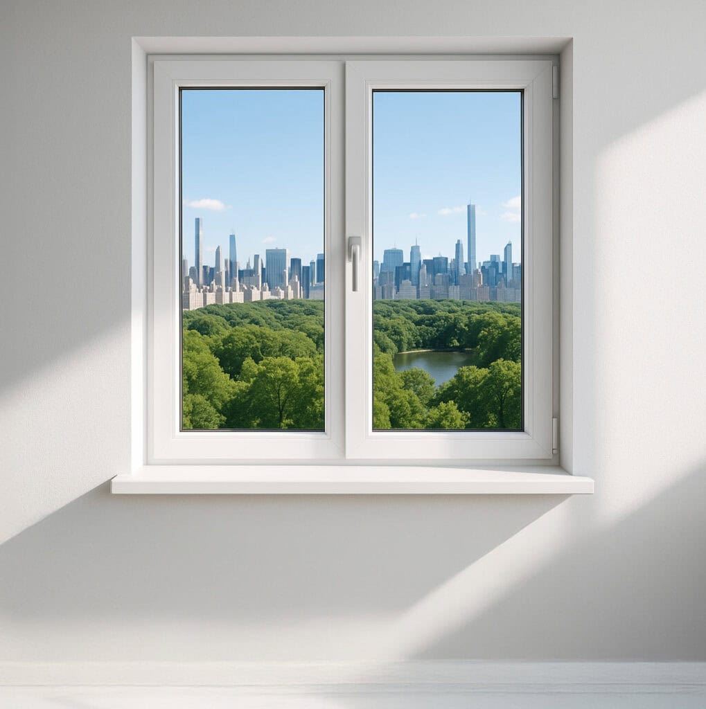 Finestra in PVC bianco chiusa con vista panoramica sul verde di Central Park e sui grattacieli di New York illuminati dal sole.
