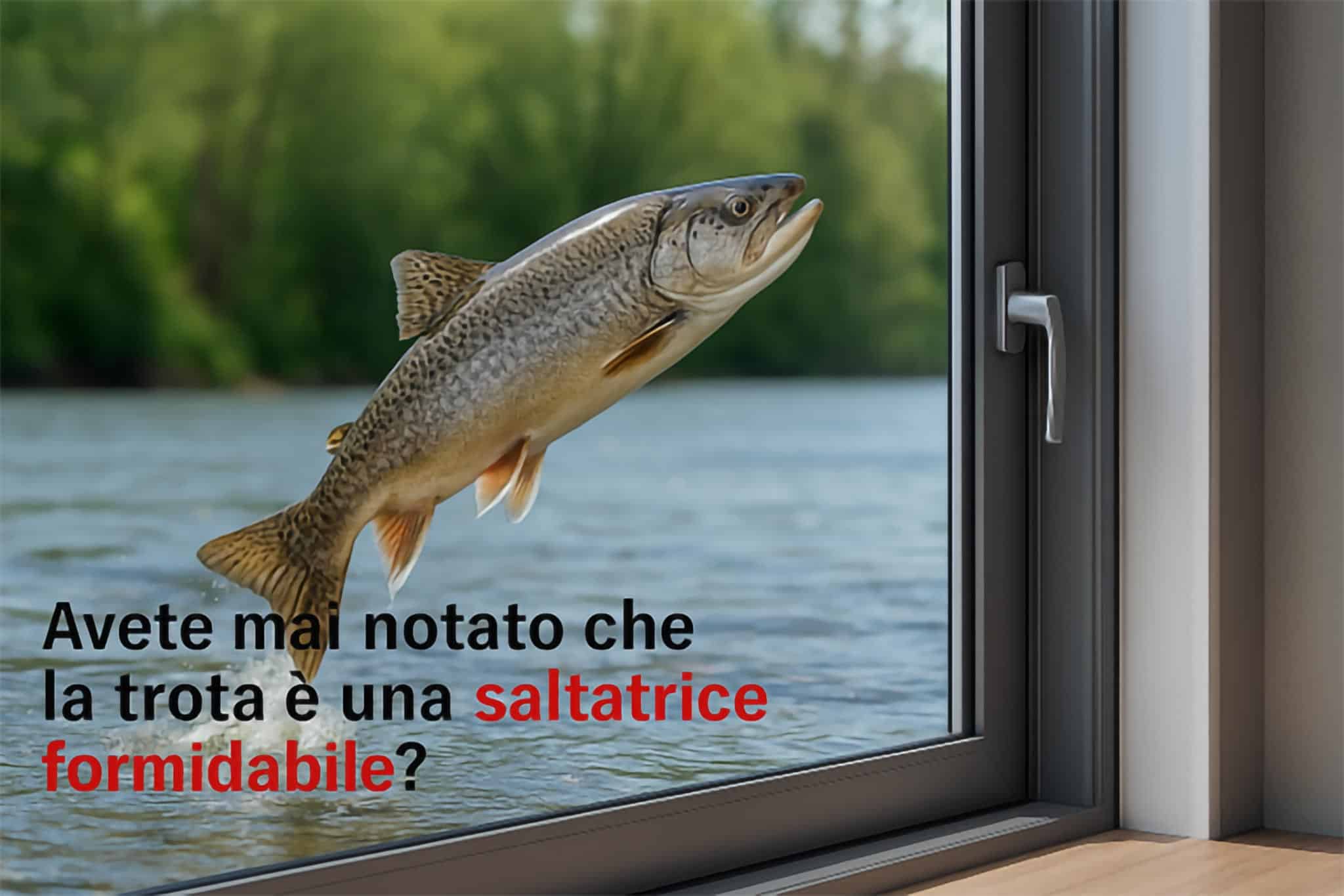 Trota che salta fuori dall’acqua vicino a una finestra in alluminio con vista su un fiume e foresta