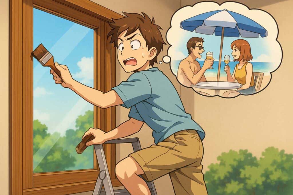 Ragazzo che vernicia infissi in legno immaginando vacanze al mare, concetto di manutenzione infissi e vantaggi infissi in PVC