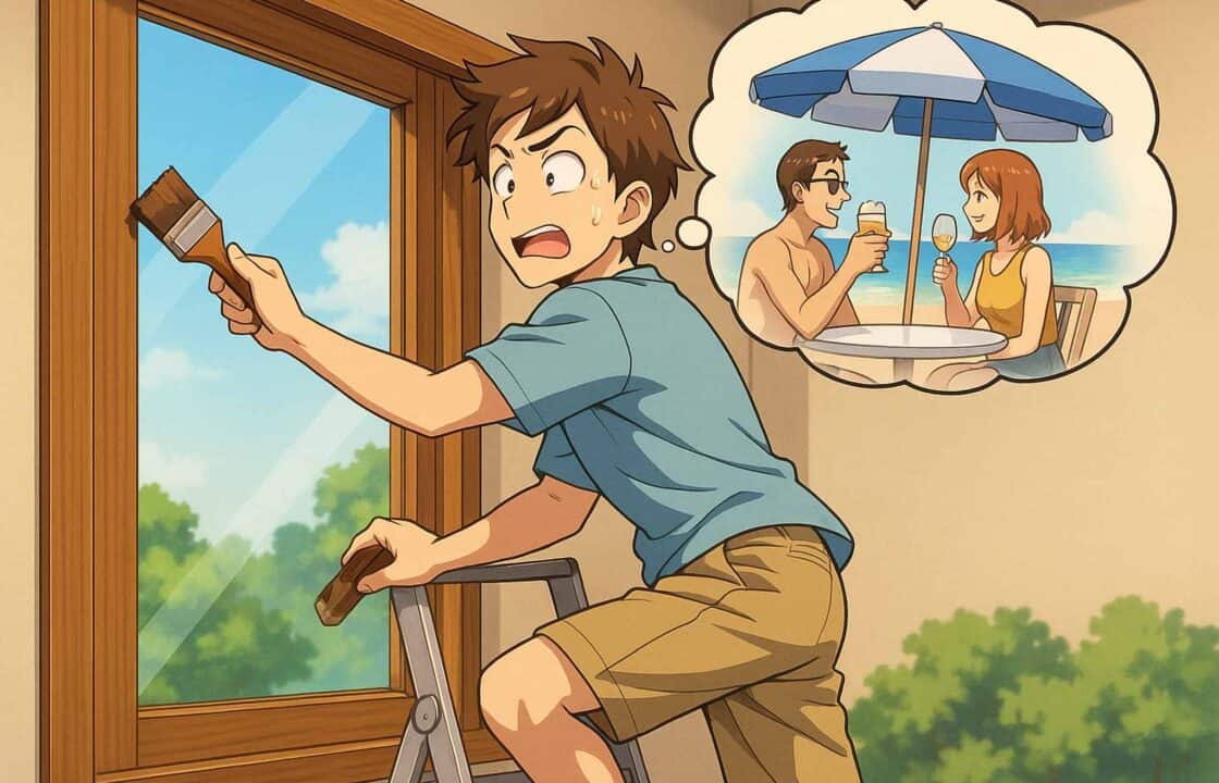 Ragazzo che vernicia infissi in legno immaginando vacanze al mare, concetto di manutenzione infissi e vantaggi infissi in PVC