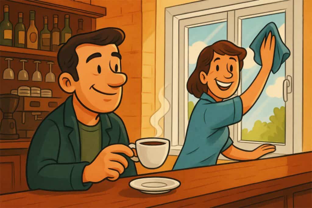 Coppia in un bar mentre un uomo beve caffè e una donna pulisce una finestra con infissi in alluminio Schulz
