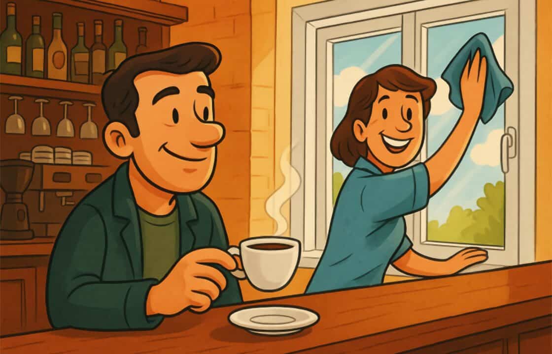 Coppia in un bar mentre un uomo beve caffè e una donna pulisce una finestra con infissi in alluminio Schulz