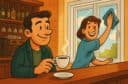 Coppia in un bar mentre un uomo beve caffè e una donna pulisce una finestra con infissi in alluminio Schulz