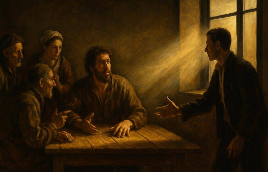 Gruppo di persone illuminato da un fascio di luce che entra da una finestra, ispirato al chiaroscuro di Caravaggio