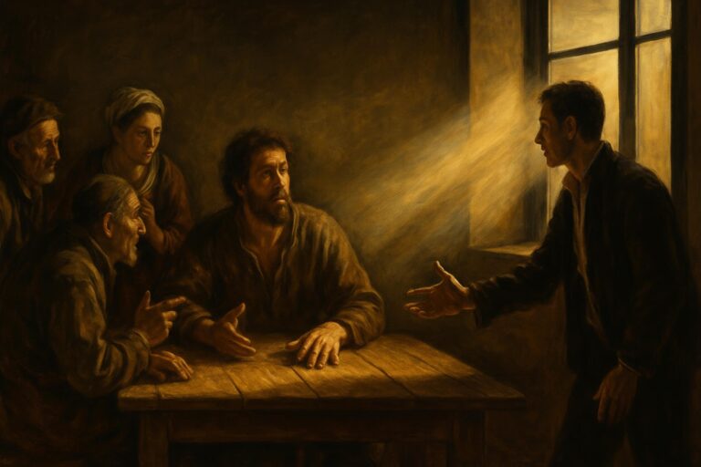Gruppo di persone illuminato da un fascio di luce che entra da una finestra, ispirato al chiaroscuro di Caravaggio
