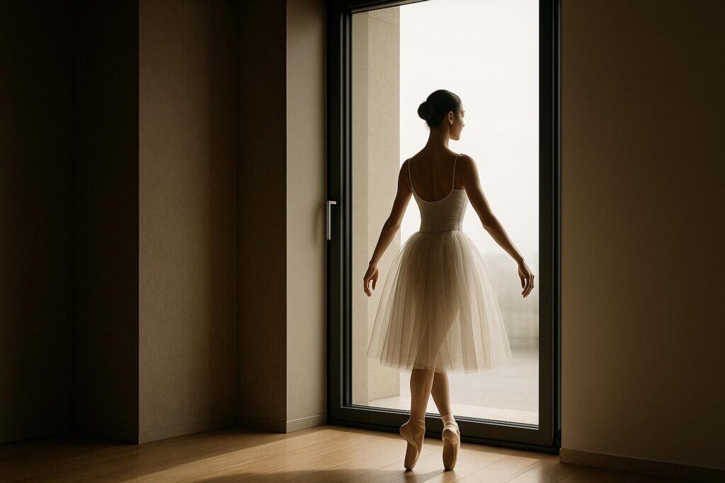 Ballerina in punta di piedi davanti a una grande finestra moderna, simbolo di leggerezza e armonia architettonica