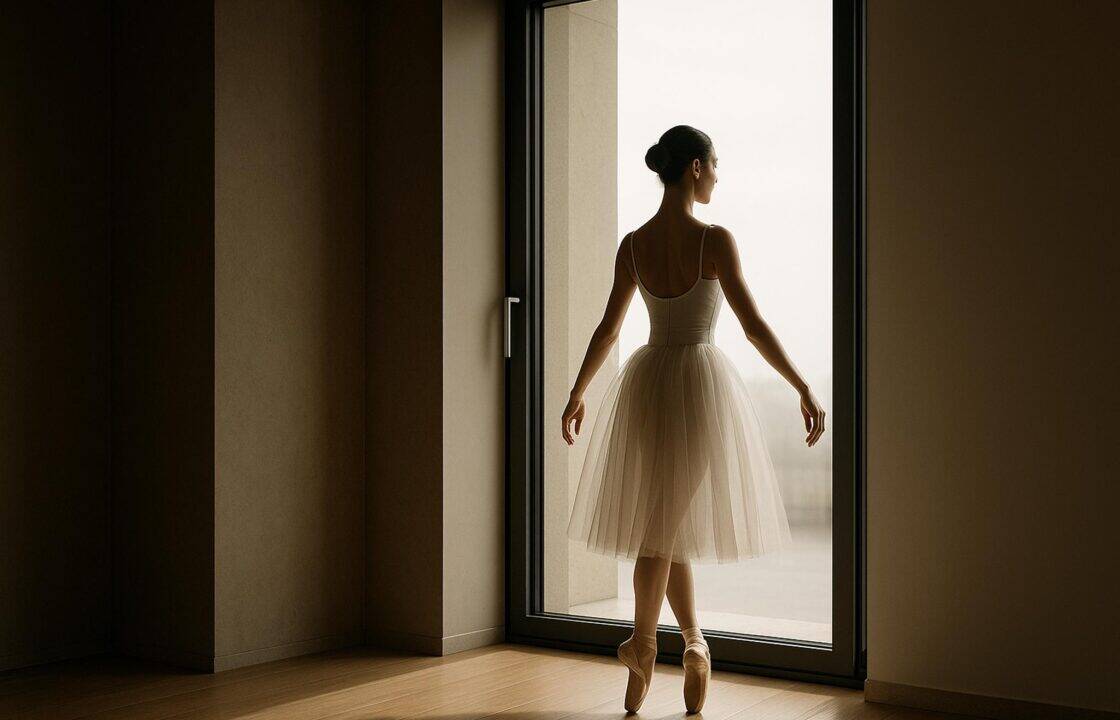 Ballerina in punta di piedi davanti a una grande finestra moderna, simbolo di leggerezza e armonia architettonica