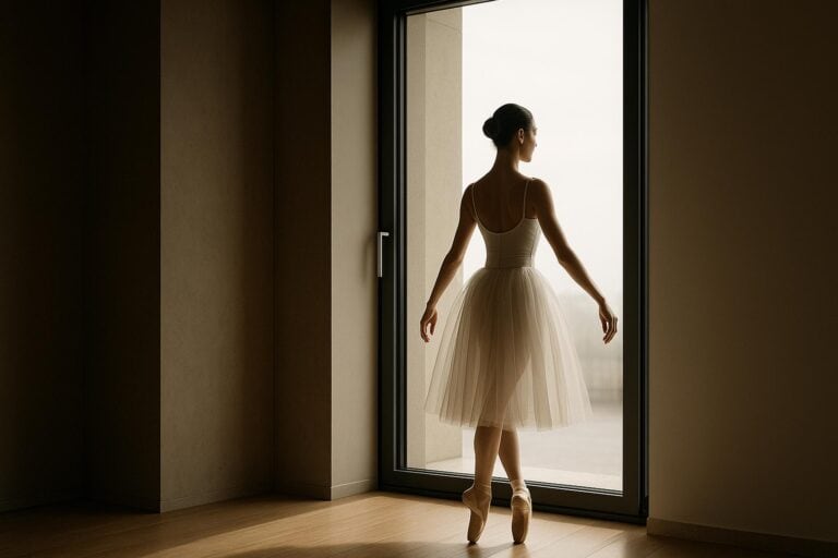 Ballerina in punta di piedi davanti a una grande finestra moderna, simbolo di leggerezza e armonia architettonica