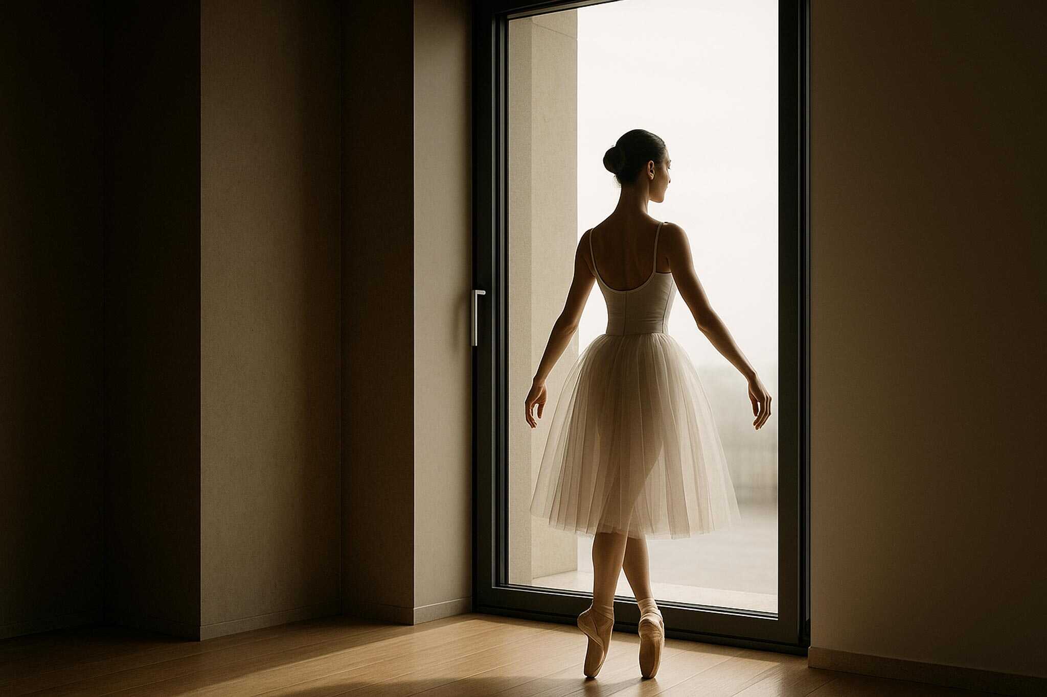 Ballerina in punta di piedi davanti a una grande finestra moderna, simbolo di leggerezza e armonia architettonica