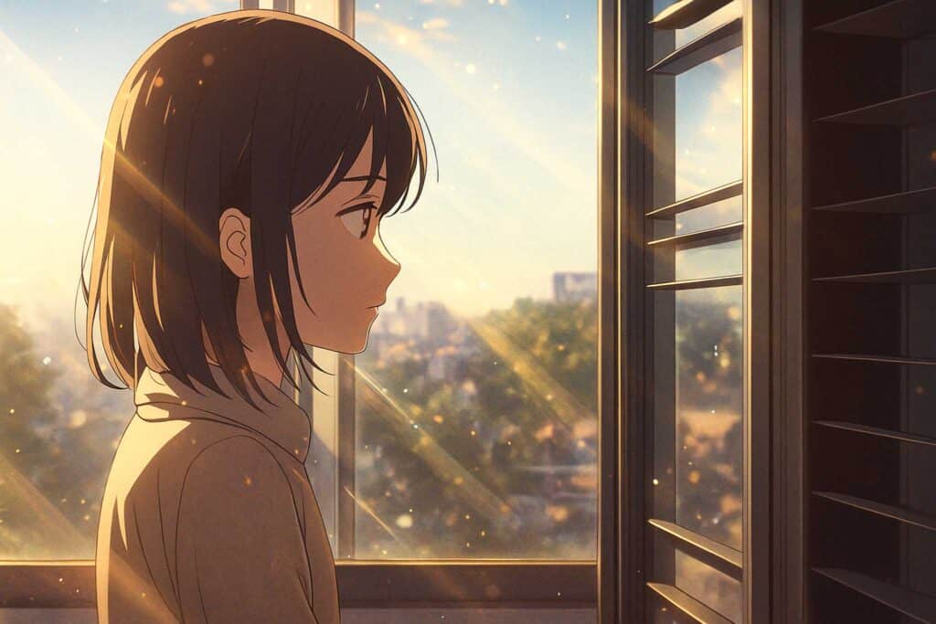 Illustrazione in stile manga con luce naturale che entra da una grande finestra moderna