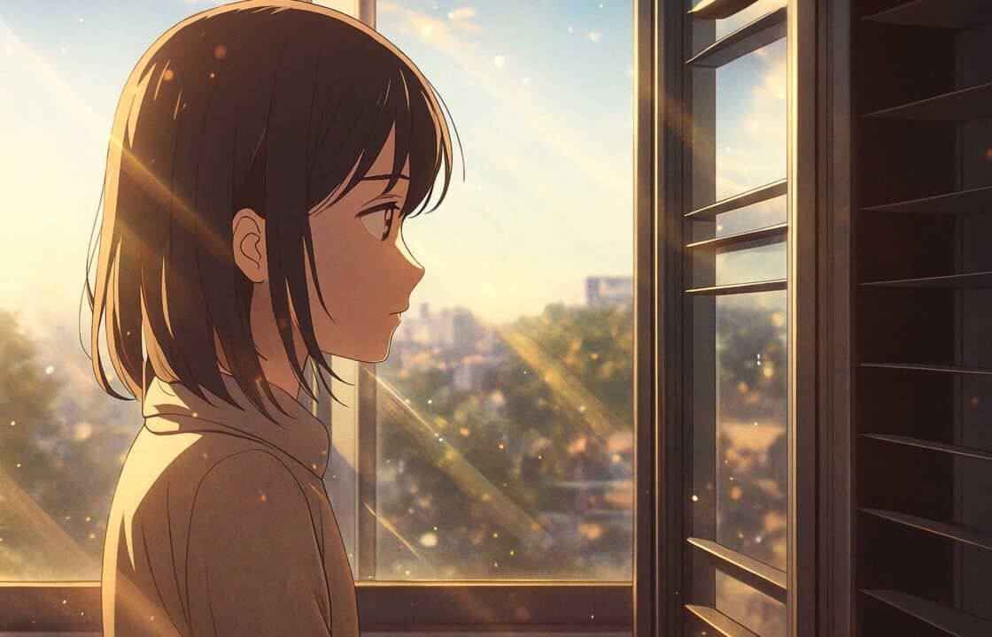 Illustrazione in stile manga con luce naturale che entra da una grande finestra moderna