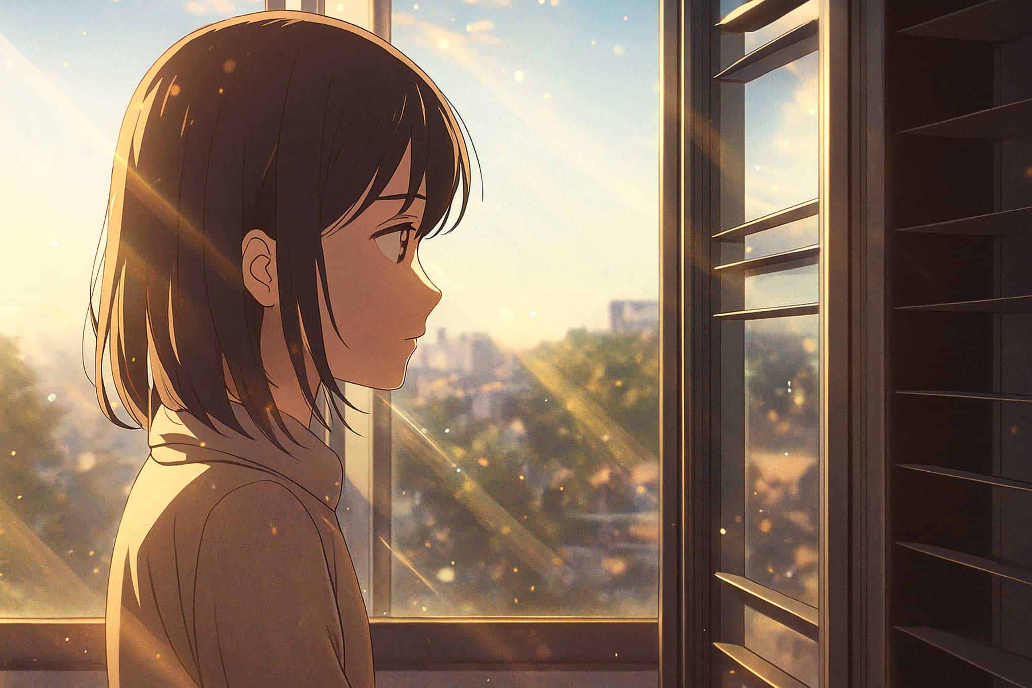 Illustrazione in stile manga con luce naturale che entra da una grande finestra moderna