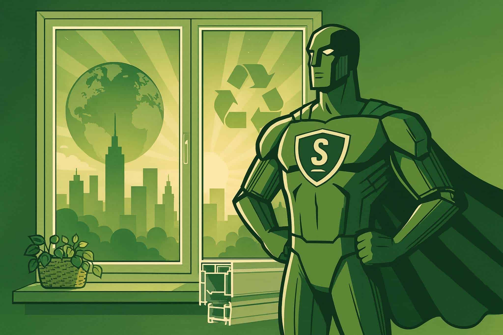 Supereroe stilizzato accanto a una finestra con simboli di sostenibilità e riciclo, simbolo delle finestre in PVC eco-friendly
