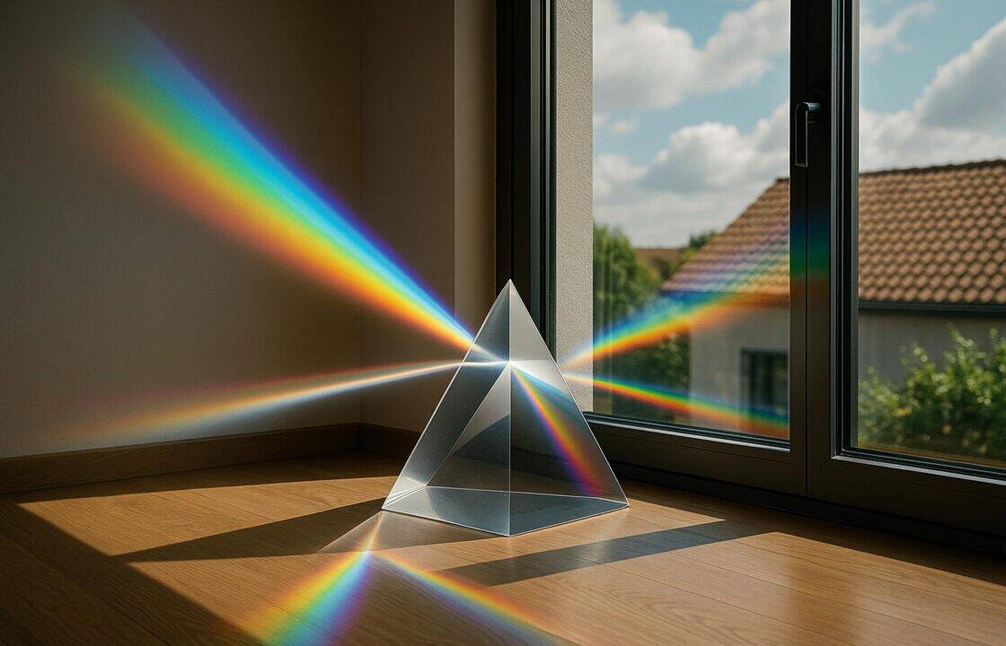 Prisma che riflette la luce naturale accanto a una finestra con infissi in alluminio Lumex