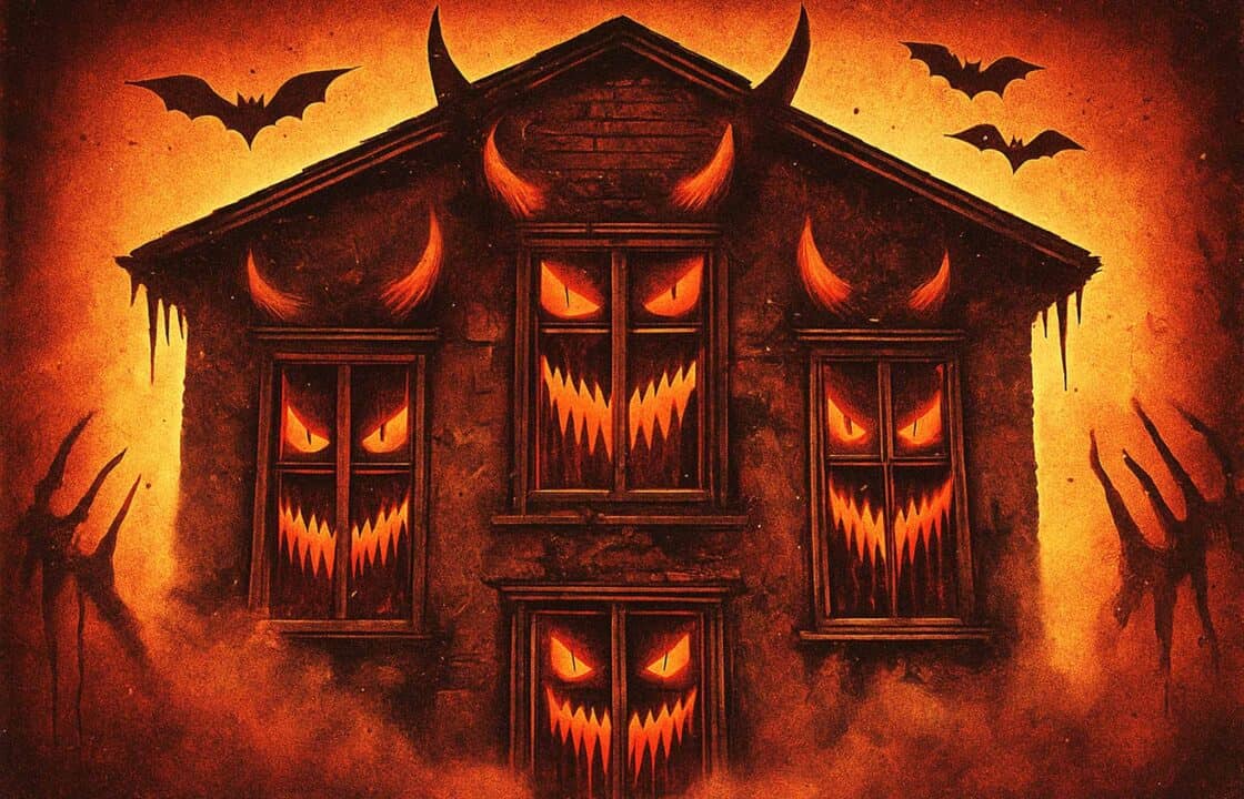 Casa in stile Halloween con finestre illuminate come occhi minacciosi, simbolo di infissi che non proteggono