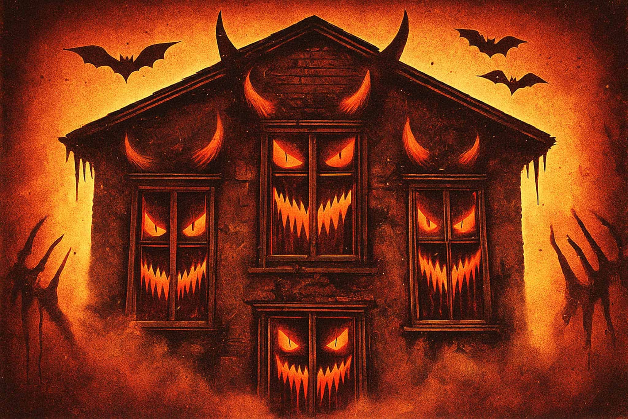 Casa in stile Halloween con finestre illuminate come occhi minacciosi, simbolo di infissi che non proteggono