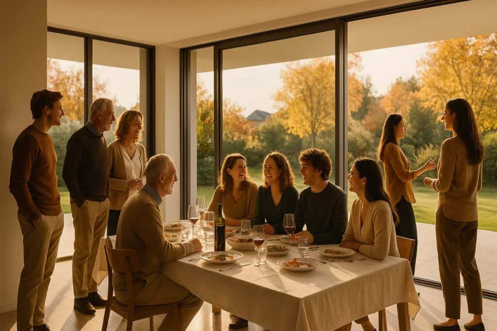 Famiglia riunita a pranzo domenicale in una casa illuminata dalla luce autunnale che entra da grandi finestre panoramiche