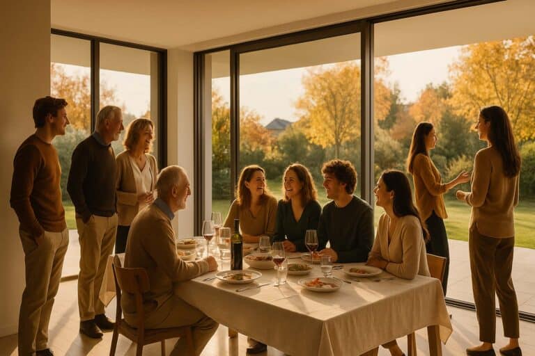 Famiglia riunita a pranzo domenicale in una casa illuminata dalla luce autunnale che entra da grandi finestre panoramiche