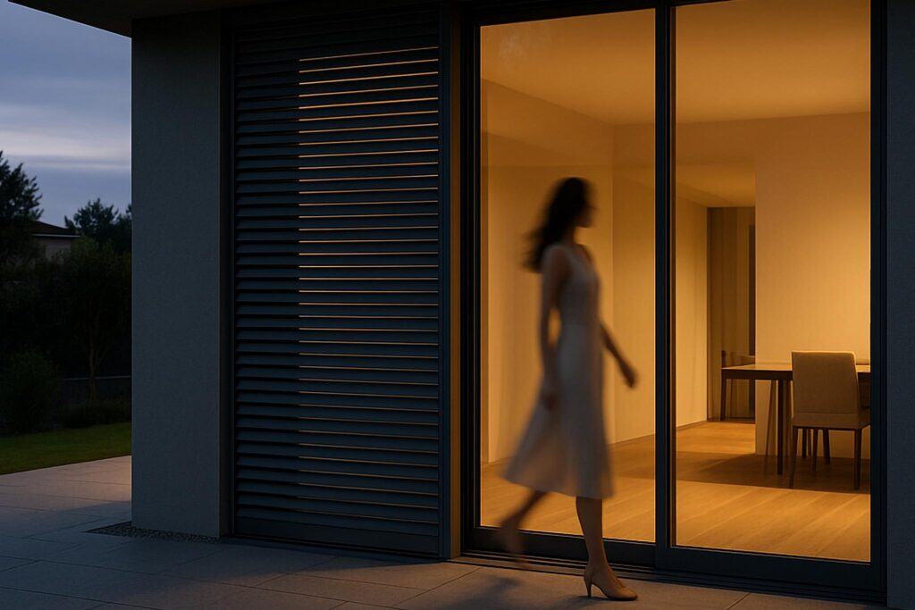 Donna che cammina accanto a una grande vetrata con persiana a scomparsa Ghost, simbolo di design minimale e comfort visivo