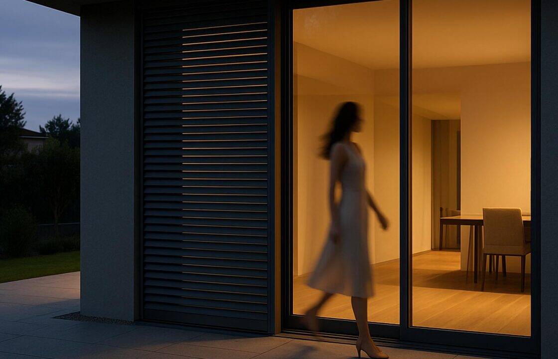 Donna che cammina accanto a una grande vetrata con persiana a scomparsa Ghost, simbolo di design minimale e comfort visivo