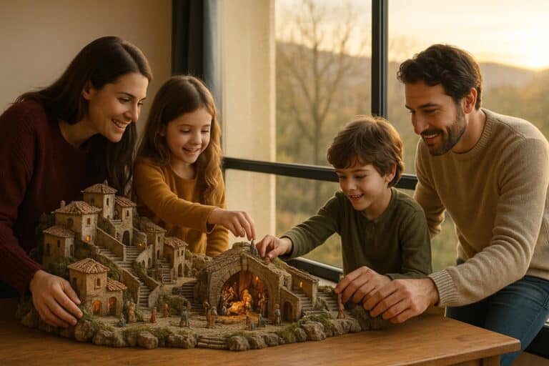 Famiglia che prepara il presepe vicino alla finestra, illuminata dalla luce naturale dell’inverno