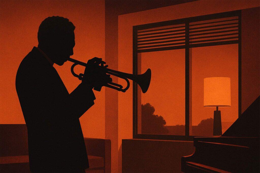 Musicista che suona la tromba in una stanza al tramonto, con finestre moderne che evocano silenzio e armonia acustica