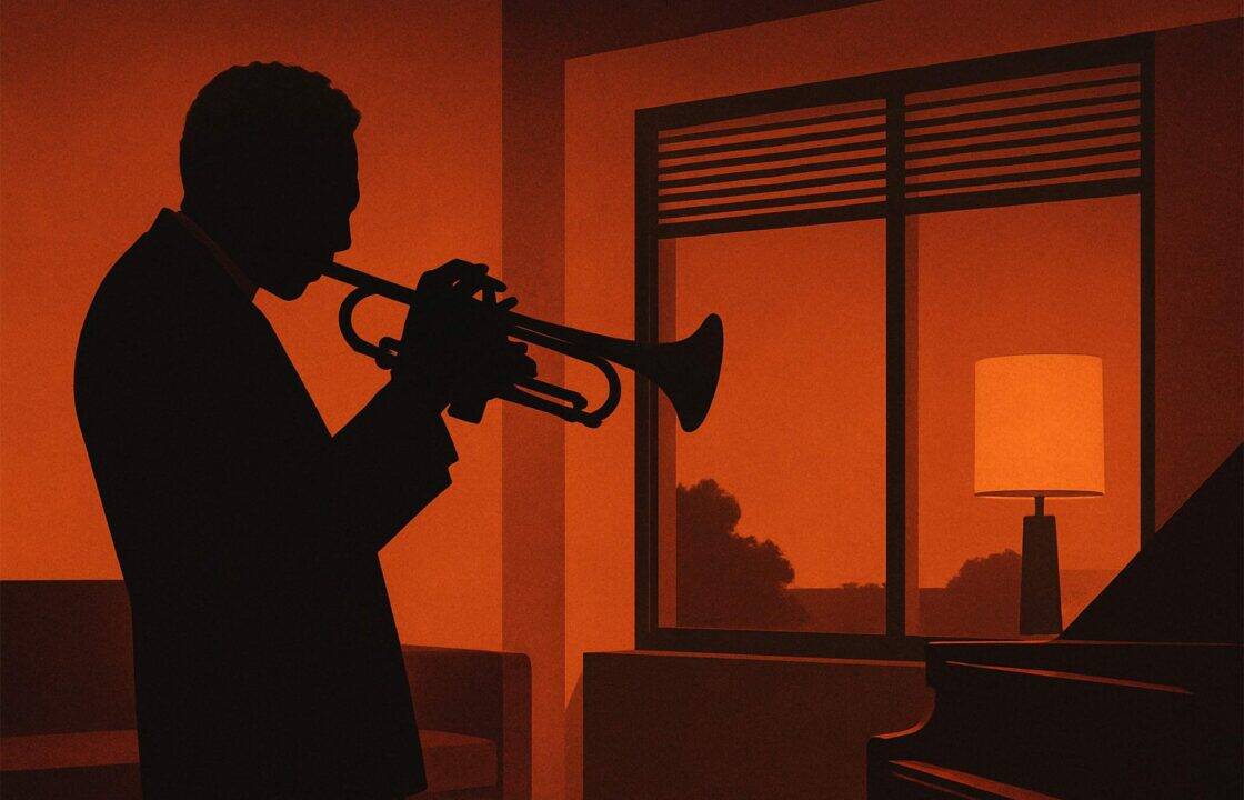 Musicista che suona la tromba in una stanza al tramonto, con finestre moderne che evocano silenzio e armonia acustica