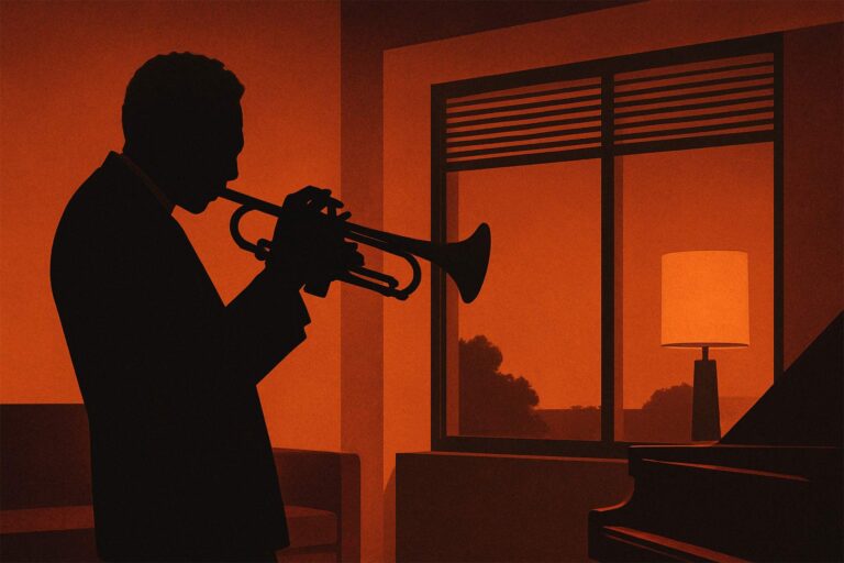 Musicista che suona la tromba in una stanza al tramonto, con finestre moderne che evocano silenzio e armonia acustica