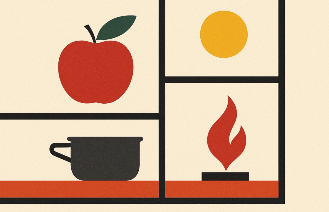 Illustrazione minimal sulla filosofia slow: conservare calore, luce ed energia attraverso scelte consapevoli nell’abitare