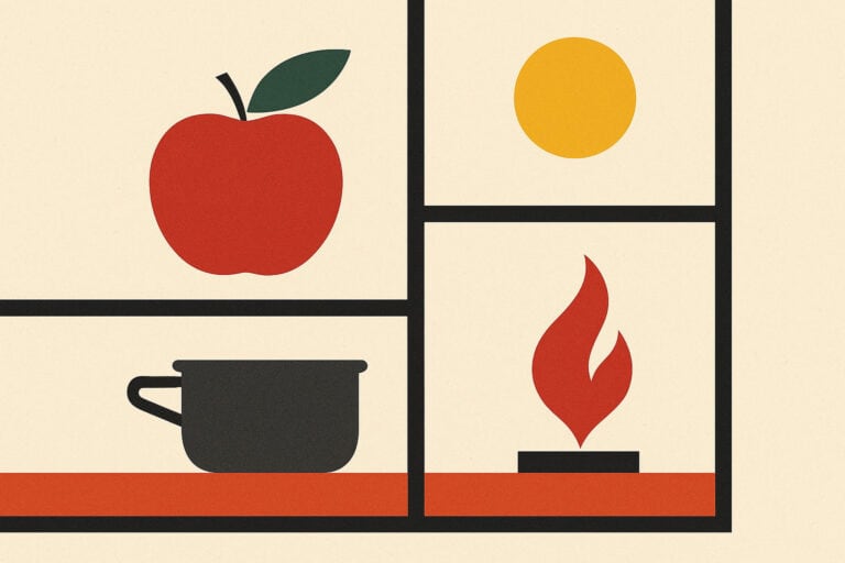 Illustrazione minimal sulla filosofia slow: conservare calore, luce ed energia attraverso scelte consapevoli nell’abitare