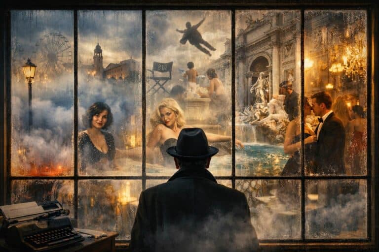 Uomo osserva scene oniriche attraverso una grande finestra ispirata al cinema di Federico Fellini, tra sogno, memoria e architettura