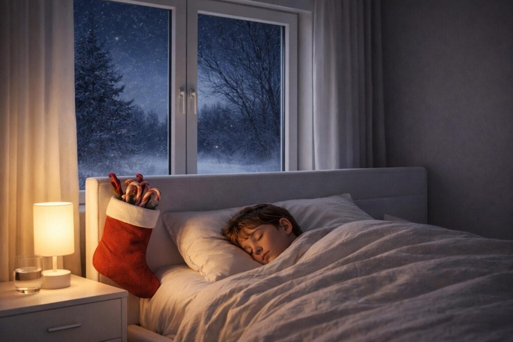 Bambino che dorme in una stanza calda mentre l’aria in casa si rinnova silenziosamente durante l’inverno