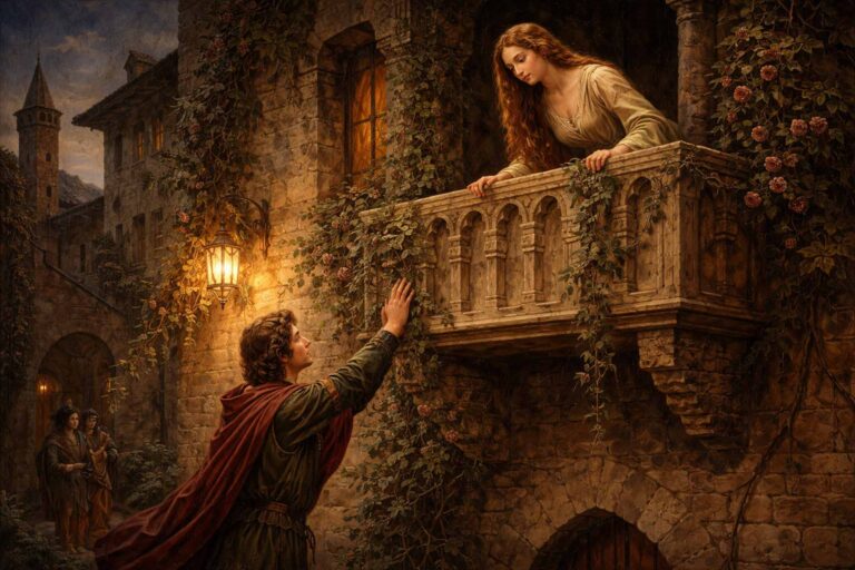 Balcone storico italiano con ringhiera in pietra e affaccio romantico tra interno ed esterno