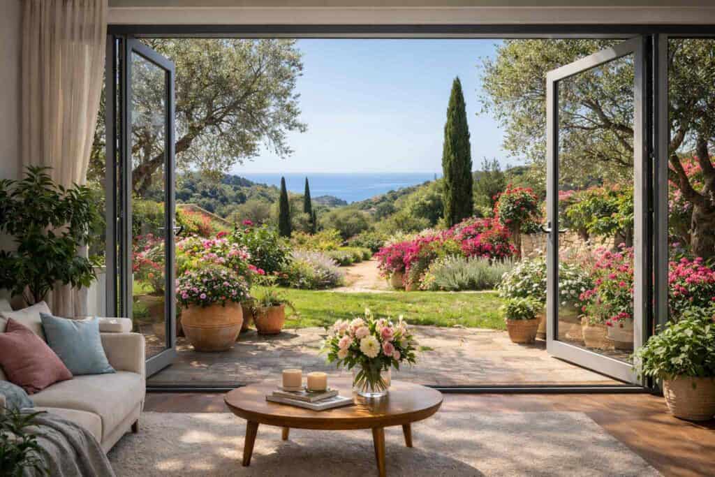 Finestre aperte su giardino mediterraneo vista mare con luce primaverile e ventilazione naturale in casa