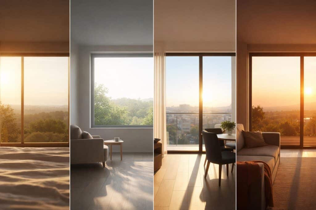 Finestre in diverse condizioni di luce durante la giornata con vista urbana e naturale