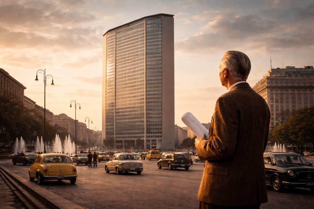 Gio Ponti osserva il Grattacielo Pirelli a Milano simbolo della forma necessaria nel design italiano