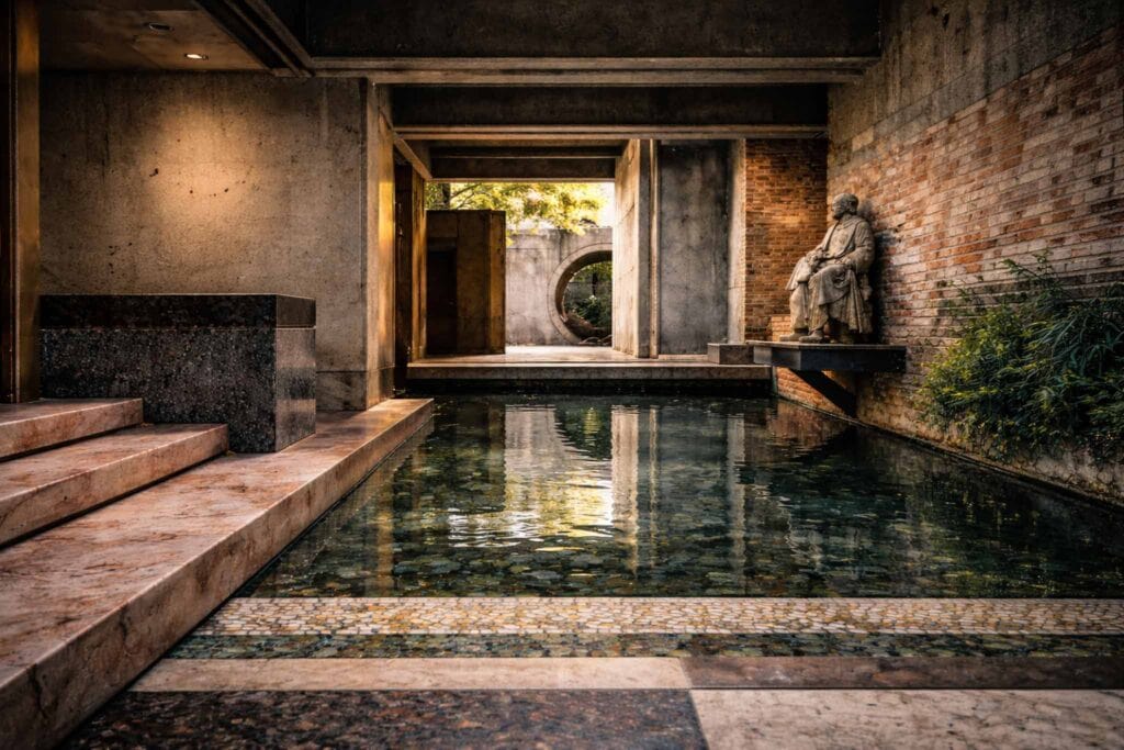Architettura italiana con acqua e cemento dove i dettagli costruttivi sono studiati al millimetro