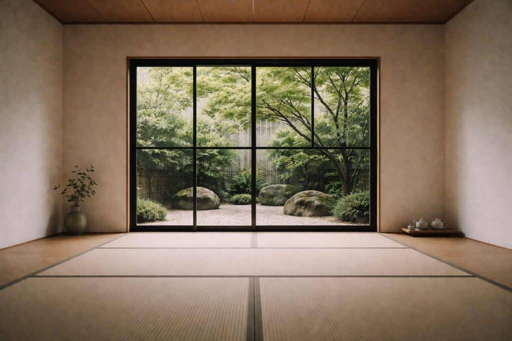 Finestra con profilo minimale e luce naturale diffusa su giardino giapponese interno