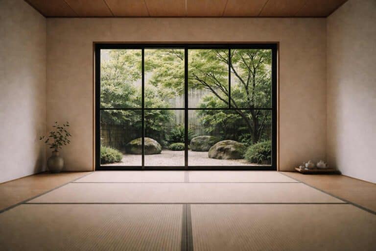 Finestra con profilo minimale e luce naturale diffusa su giardino giapponese interno