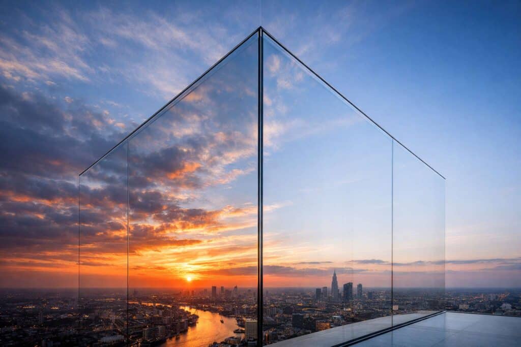 Serramenti in alluminio con grandi vetrate e luce naturale su skyline urbano al tramonto