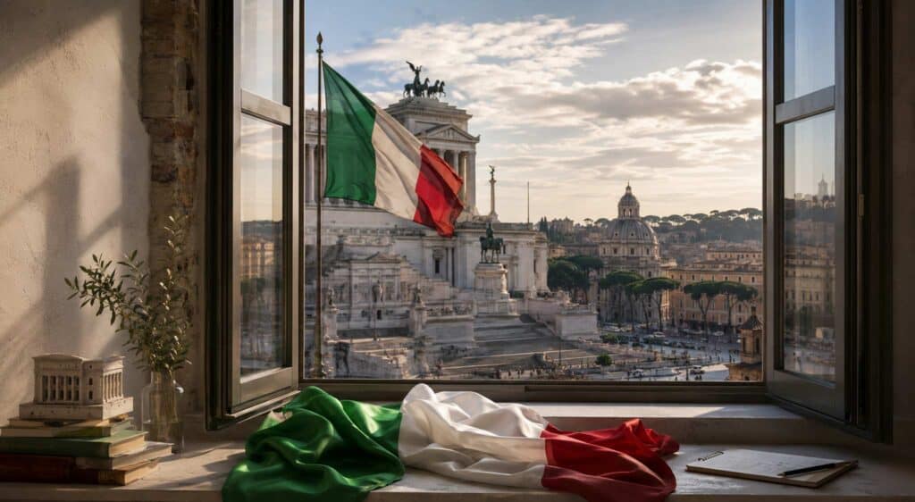 Finestra aperta con vista su Roma e bandiera italiana simbolo di libertà domestica e privacy nella casa contemporanea