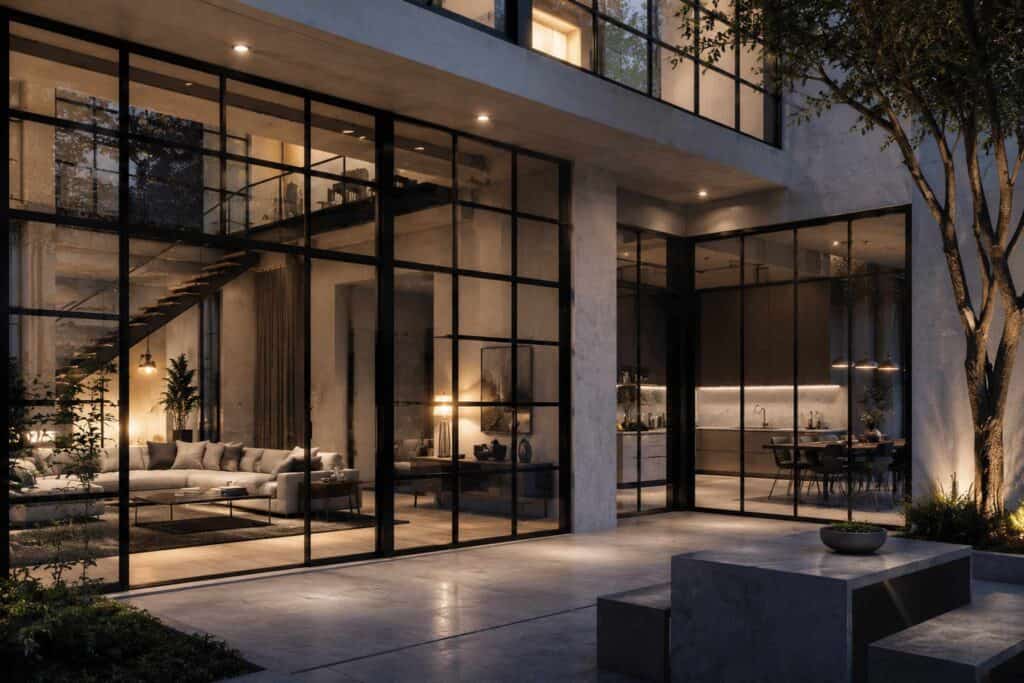 Villa contemporanea con finestre industrial style Siderea in alluminio e grandi superfici vetrate
