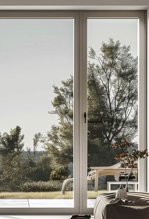 Finestra in alluminio Astra dal design classico con vista sul giardino