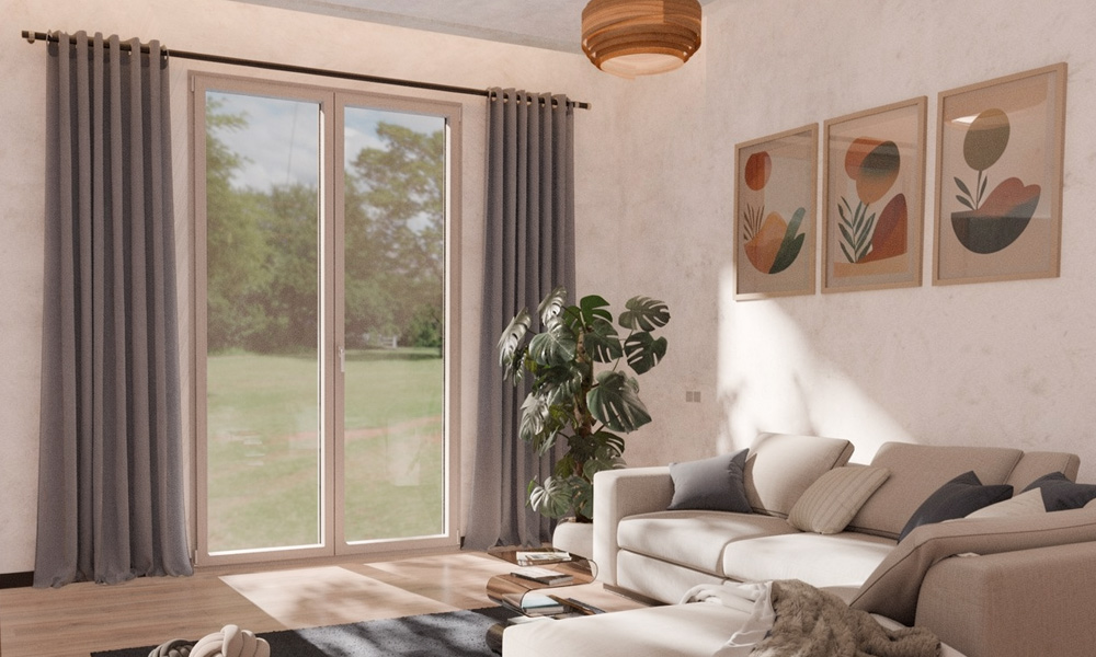 Grande finestra in PVC Exentia con telaio squadrato in un ambiente moderno