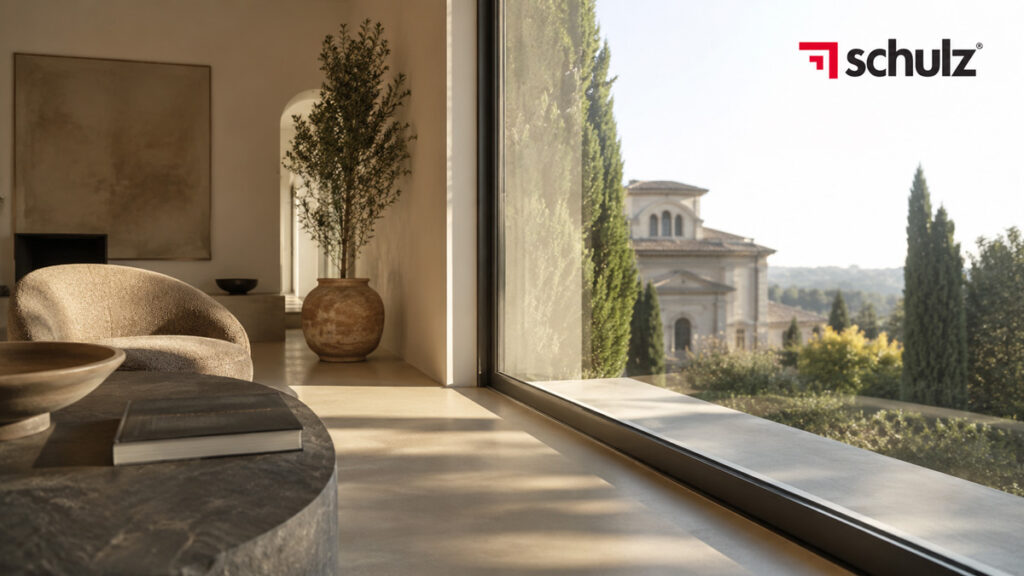 Interno contemporaneo con finestra in PVC V-Perfect e profilo ad angolo senza cordolo di saldatura