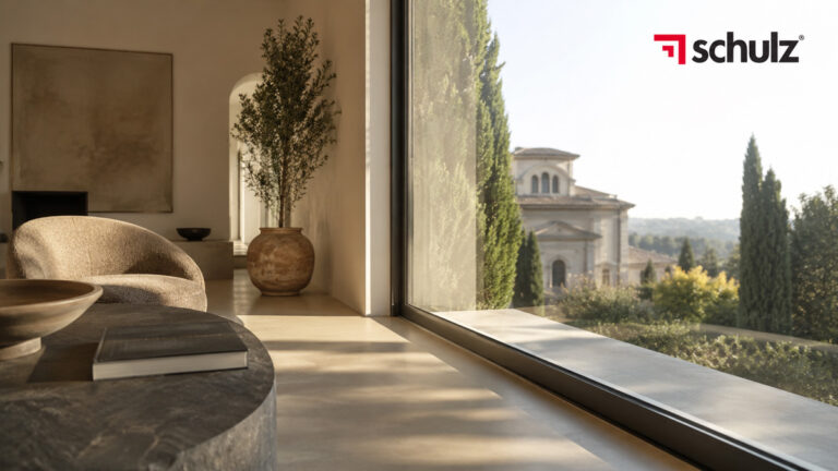Interno contemporaneo con finestra in PVC V-Perfect e profilo ad angolo senza cordolo di saldatura