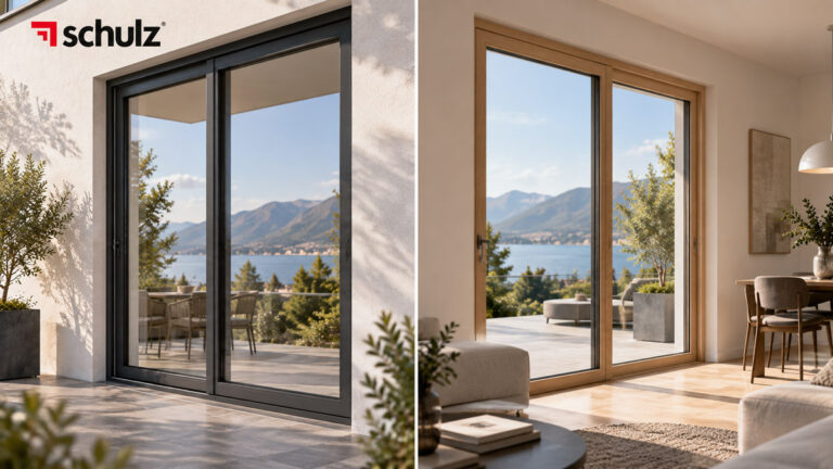Dettaglio di finestra in PVC bicolore grigio antracite e rovere chiaro