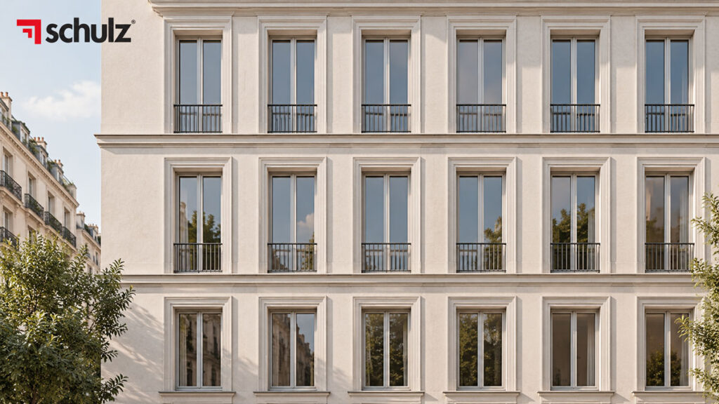 Facciata di un palazzo con finestre in PVC regolari che creano un ritmo architettonico